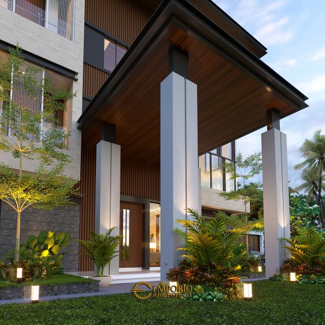 Desain Tampak Detail Depan Rumah Modern 3 Lantai Bapak Rusdi di Padang, Sumatera Barat