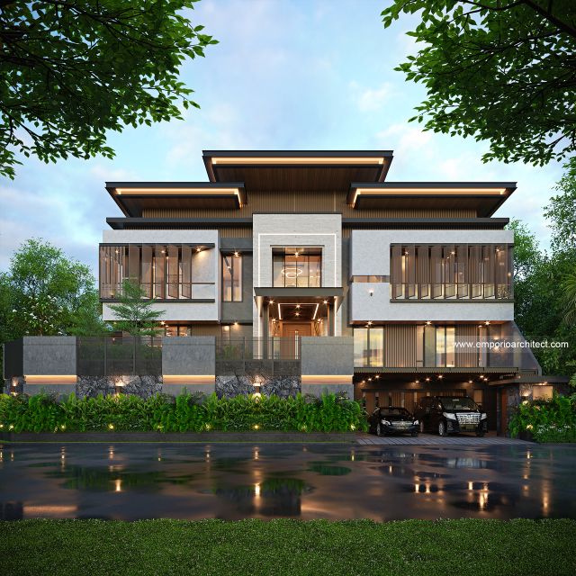 Desain Tampak Depan 2 Rumah Modern 3 Lantai Bapak IW dan Ibu AR di Bandung