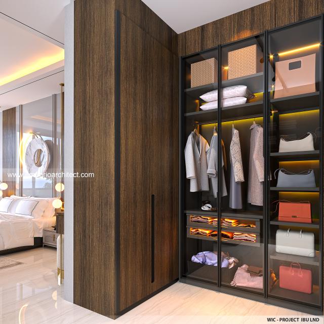 Desain Walk In Closet Rumah Modern 3 Lantai Ibu LND di Alam Sutera, Tangerang