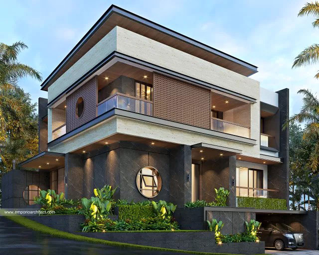 Desain Tampak Hook Rumah Modern 3 Lantai Bapak Muiz di Cibubur, Jakarta Timur