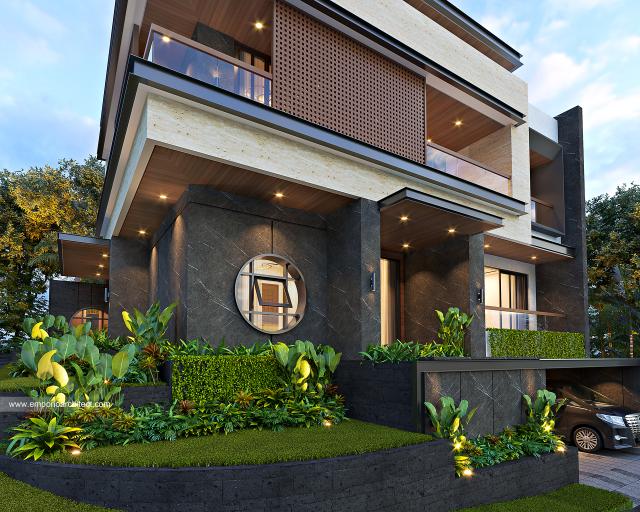 Desain Tampak Detail Depan Rumah Modern 3 Lantai Bapak Muiz di Cibubur, Jakarta Timur