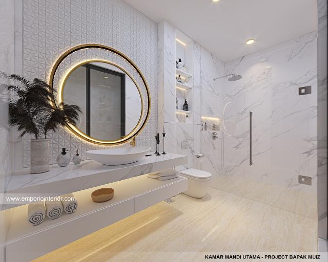 Desain Kamar Mandi Utama Rumah Modern 3 Lantai Bapak Muiz di Cibubur, Jakarta Timur