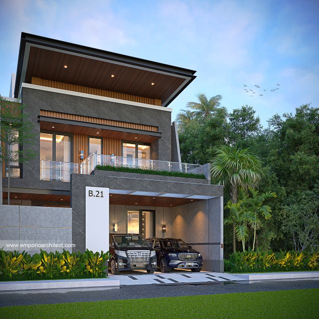 Desain Tampak Depan Dengan Pagar Rumah Modern 3 Lantai Bapak WLL di Bandung