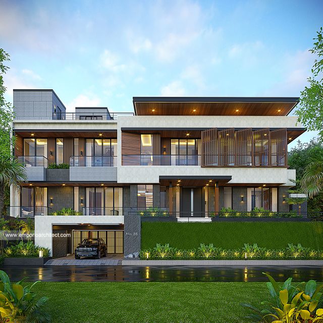 Desain Tampak Depan Rumah Modern 3 Lantai Ibu RN di Bandung