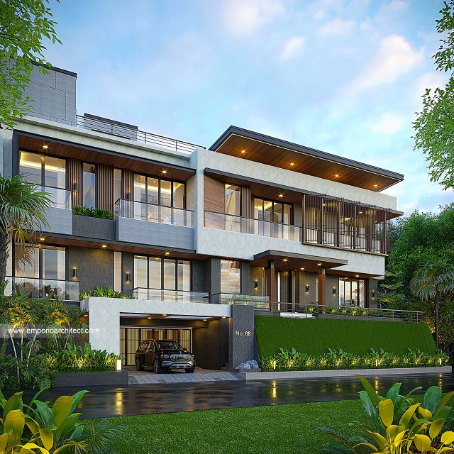 Desain Tampak Depan 2 Rumah Modern 3 Lantai Ibu RN di Bandung