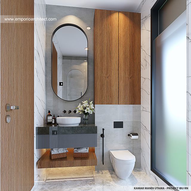 Desain Kamar Mandi Utama Rumah Modern 3 Lantai Ibu RN di Bandung