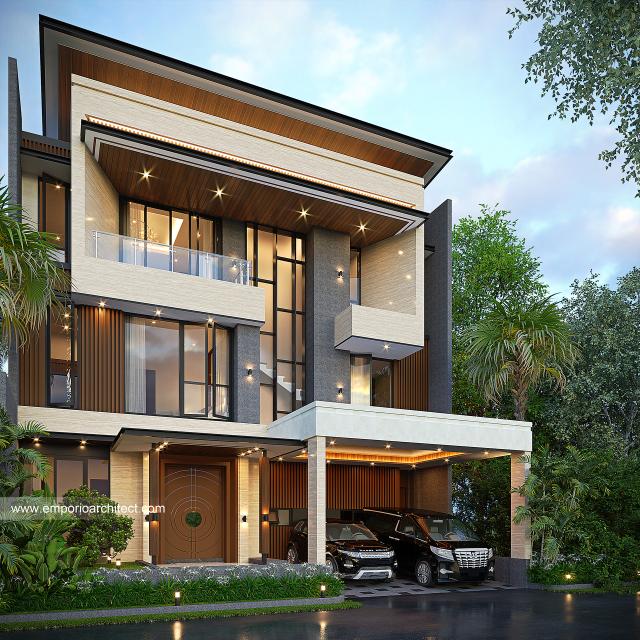 Desain Tampak Depan 2 Rumah Modern 3 Lantai Ibu WTA di Tangerang Selatan