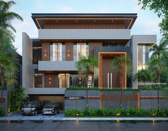 Desain Tampak Depan Rumah Modern 3 Lantai Bapak HSN di BSD, Tangerang Selatan