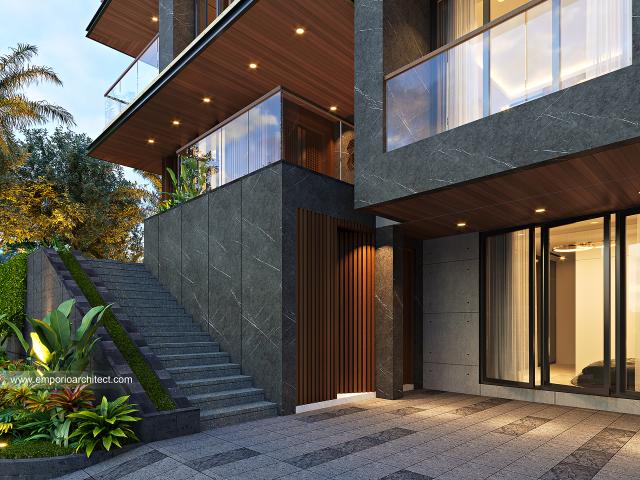 Desain Tampak Detail Depan Rumah Modern 3 Lantai Bapak ALV di Tangerang