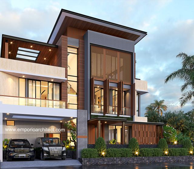 Desain Tampak Depan Rumah Modern 3 Lantai Ibu LVA di Alam Sutera Palmyra, Tangerang Selatan