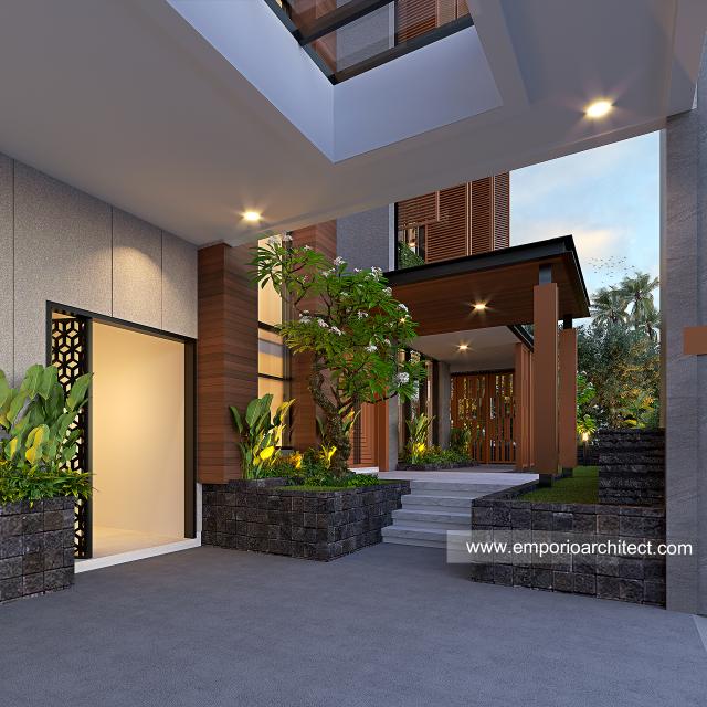 Desain Tampak Detail Depan Rumah Modern 3 Lantai Ibu LVA di Alam Sutera Palmyra, Tangerang Selatan