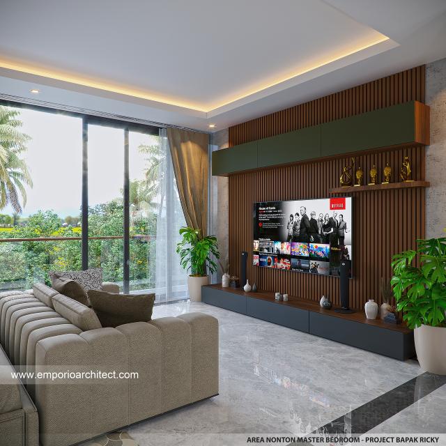 Desain Area Nonton Kamar Tidur Utama Rumah Modern 3 Lantai Bapak RCK di Kelapa Gading, Jakarta