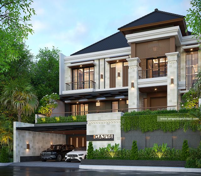 Desain Tampak Depan 2 Rumah Villa Bali 3 Lantai Bapak WFD di Surabaya