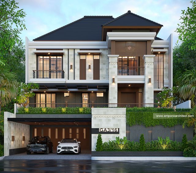 Desain Tampak Depan 3 Rumah Villa Bali 3 Lantai Bapak WFD di Surabaya