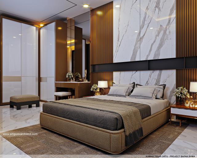 Desain Kamar Tidur Orang Tua Rumah Modern 3 Lantai Bapak Rama di Jakarta Utara