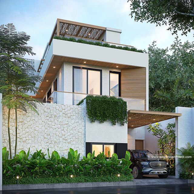 Desain Tampak Depan Rumah Modern 3 Lantai Ibu RKA di Badung, Bali