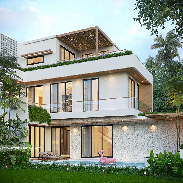 Desain Tampak Samping Rumah Modern 3 Lantai Ibu RKA di Badung, Bali