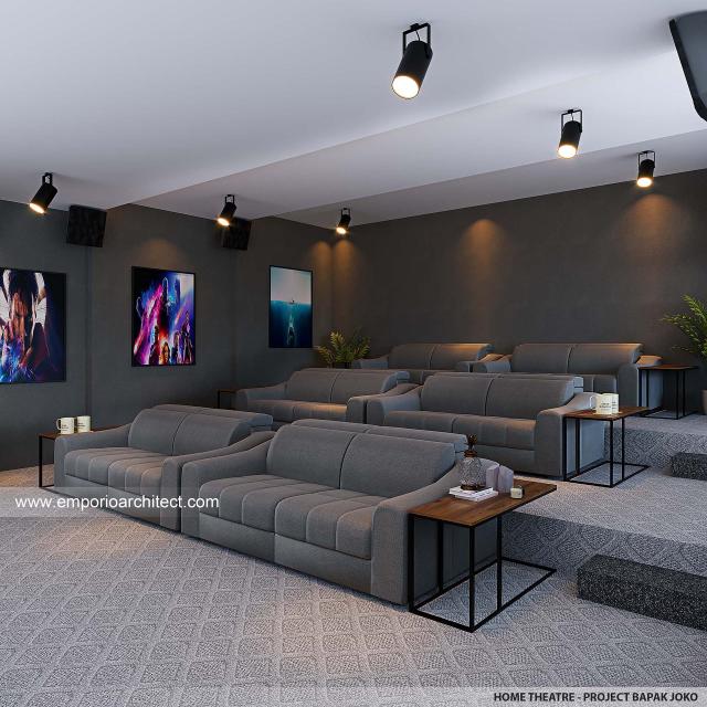 Desain Home Theatre Rumah Modern 3 Lantai Bapak JKO di Sentul, Bogor