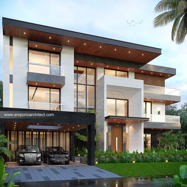 Desain Tampak Depan Rumah Modern 3 Lantai Bapak JKO di Sentul, Bogor