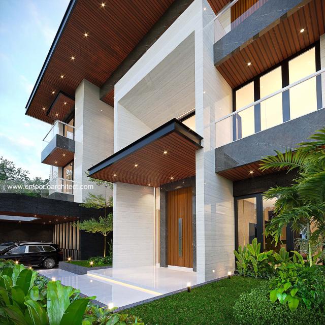 Desain Tampak Detail Depan 2 Rumah Modern 3 Lantai Bapak JKO di Sentul, Bogor