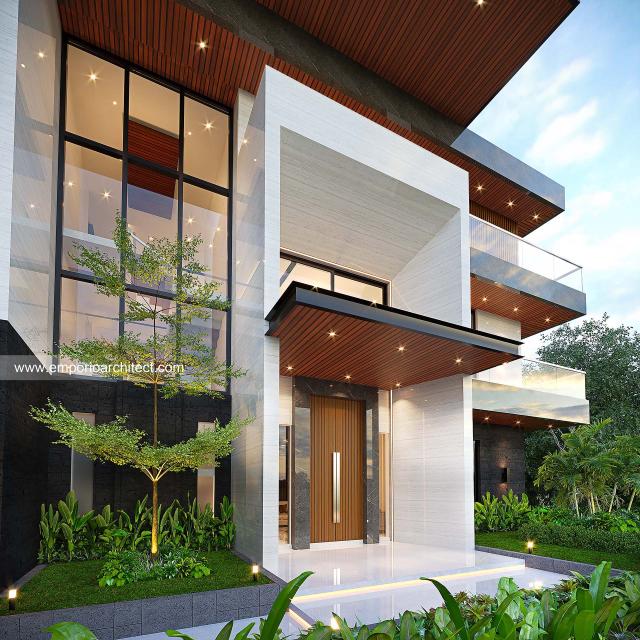 Desain Tampak Detail Depan 2 Rumah Modern 3 Lantai Bapak JKO di Sentul, Bogor