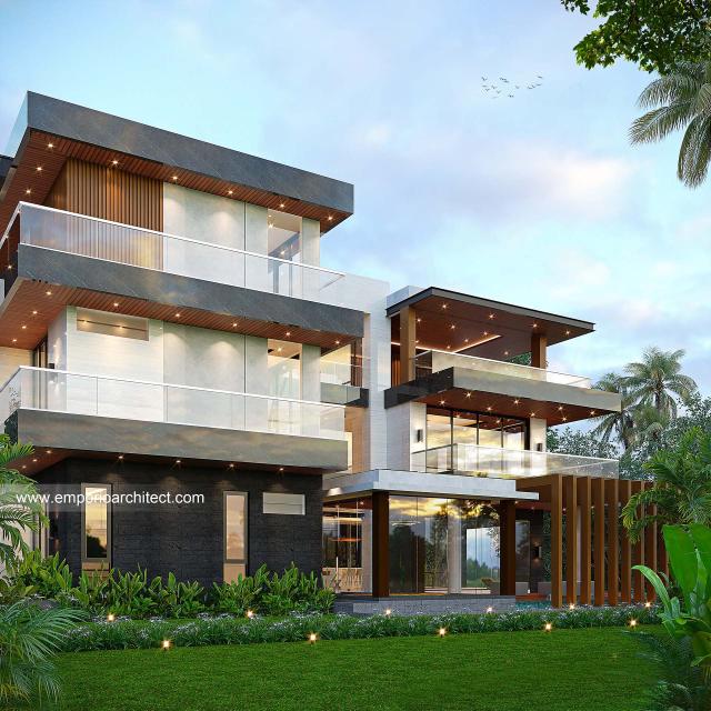 Desain Tampak Samping Rumah Modern 3 Lantai Bapak JKO di Sentul, Bogor