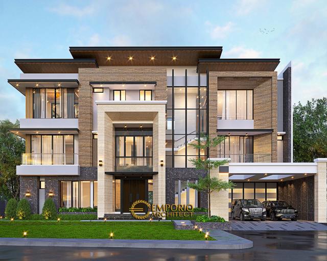 Desain Tampak Depan 2 Rumah Modern 3 Lantai Ibu TY di BSD, Tangerang Selatan, Banten