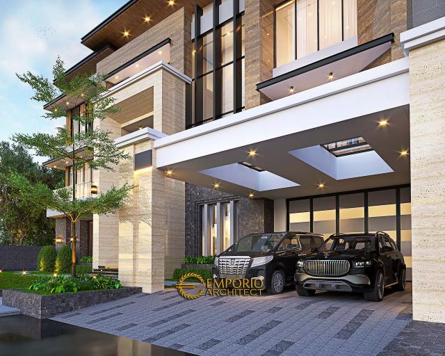 Desain Tampak Detail Depan Rumah Modern 3 Lantai Ibu TY di BSD, Tangerang Selatan, Banten