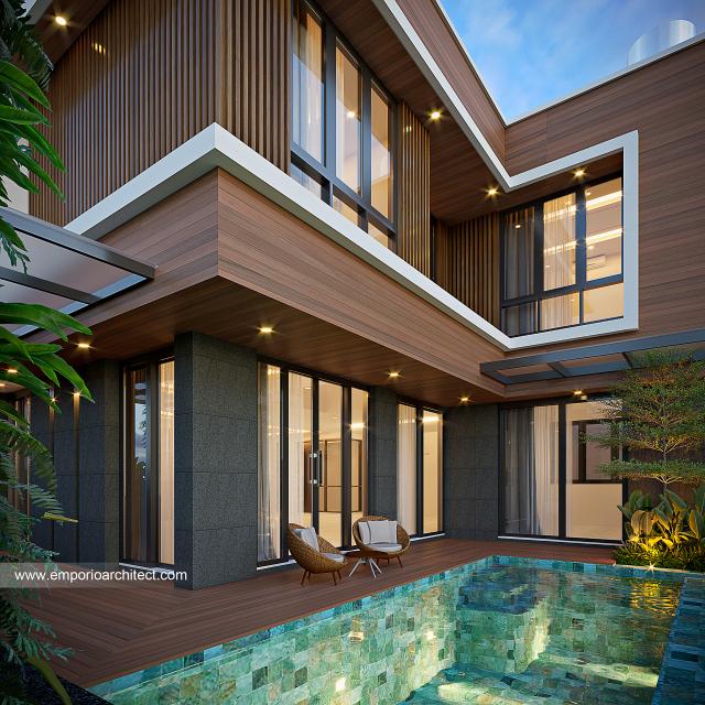 Desain Tampak Detail Belakang Rumah Modern 3 Lantai Ibu LDN di Cirebon, Jawa Barat