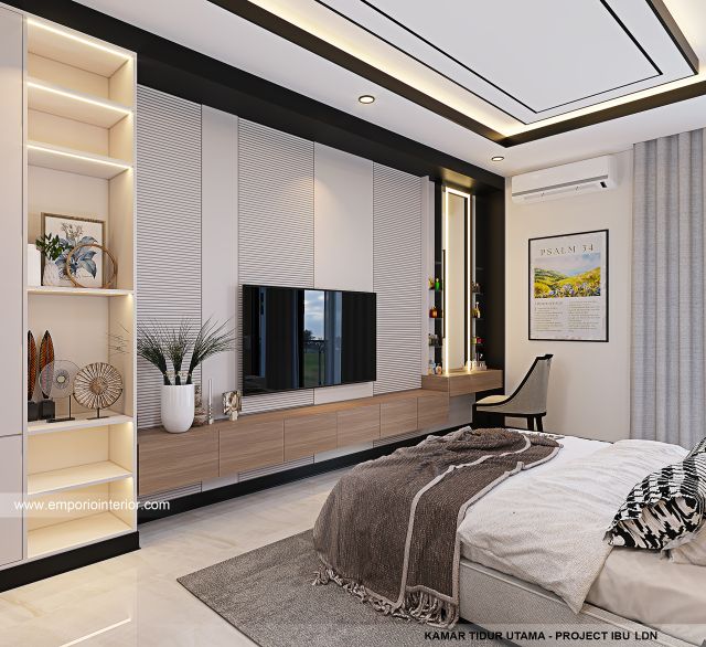 Desain Kamar Tidur Utama Rumah Modern 3 Lantai Ibu LDN di Cirebon, Jawa Barat