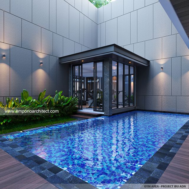 Desain Gym Area Rumah Modern 3 Lantai Ibu ADN di Serang, Banten