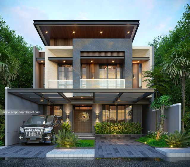 Desain Tampan Depan Rumah Modern 3 Lantai Ibu OLV di Surabaya