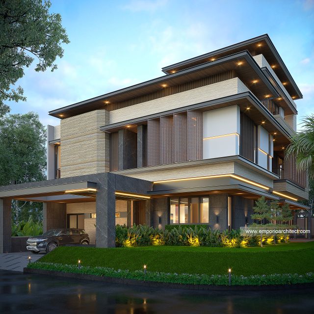 Desain Tampak Hook Rumah Modern 3 Lantai Bapak VRD di BSD, Tangerang Selatan