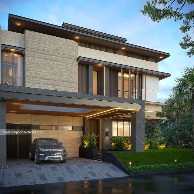 Desain Tampak Depan Rumah Modern 3 Lantai Bapak VRD di BSD, Tangerang Selatan