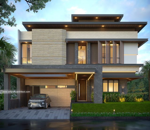 Desain Tampak Depan 2 Rumah Modern 3 Lantai Bapak VRD di BSD, Tangerang Selatan