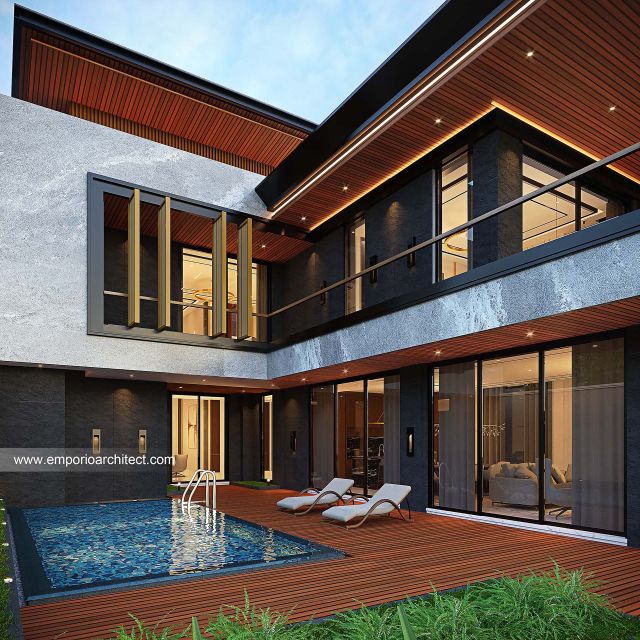 Desain Tampak Detail Belakang Rumah Modern 3 Lantai Bapak BNT di Bandung