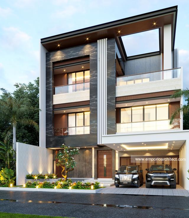 Desain Tampak Depan Kanan Rumah Modern 3 Lantai Ibu Maria di Jakarta