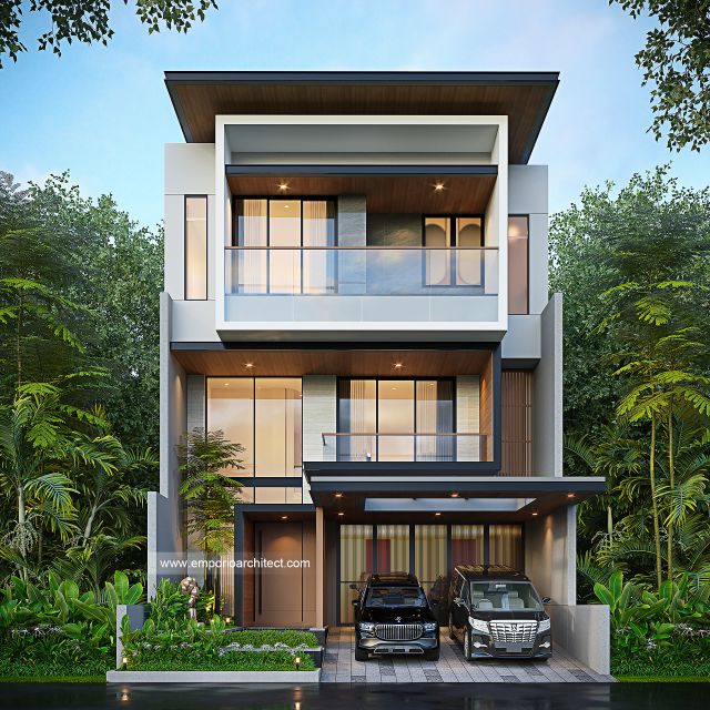 Desain Tampak Depan 2 Rumah Modern 3 Lantai Bapak DJN di PIK 2, Jakarta Utara