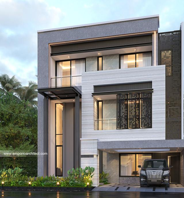 Desain Tampak Depan 2 Rumah Modern 3 Lantai Ibu CRT di BSD, Tangerang Selatan