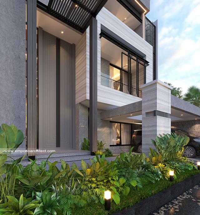 Desain Tampak Detail Depan Rumah Modern 3 Lantai Ibu CRT di BSD, Tangerang Selatan