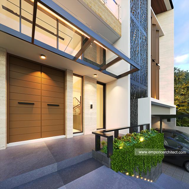 Desain Tampak Detail Depan Rumah Modern 3 Lantai Bapak CHT di BSD, Tangerang Selatan, Banten