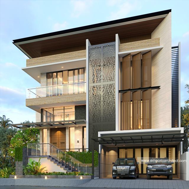 Desain Tampak Depan Rumah Modern 3 Lantai Bapak CHT di BSD, Tangerang Selatan, Banten