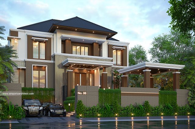 Desain Tampak Depan Dengan Pagar Rumah Modern 3 Lantai Bapak R di Bogor