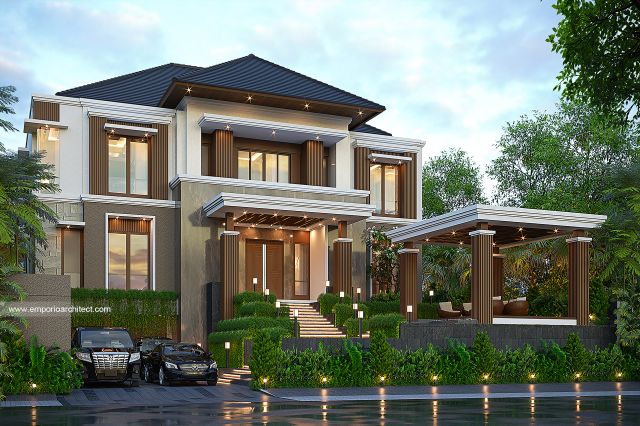 Desain Tampak Depan 2 Rumah Modern 3 Lantai Bapak R di Bogor