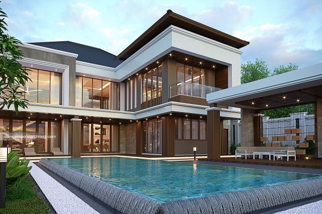 Desain Tampak Detail Belakang Rumah Modern 3 Lantai Bapak R di Bogor