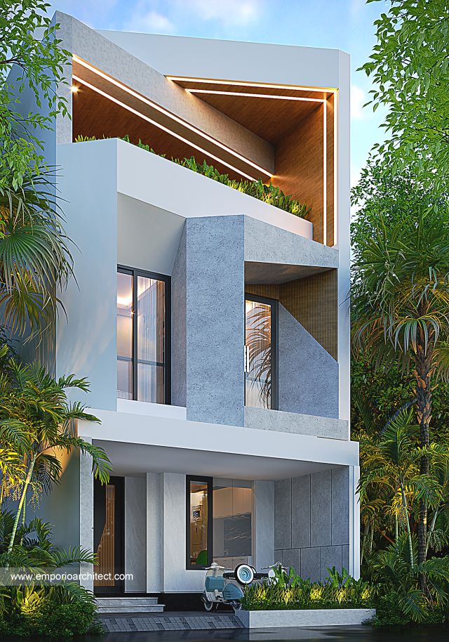 Desain Tampak Depan 2 Rumah Modern 3 Lantai Bapak TFK di Bandung