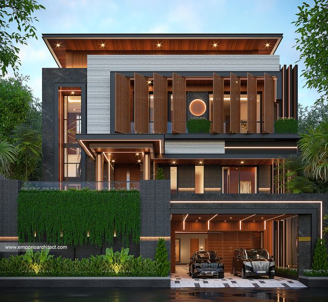 Desain Tampak Depan Rumah Modern 3 Lantai Bapak WLL di Lippo Cikarang, Bekasi