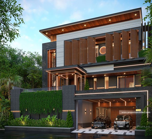 Desain Tampak Depan 2 Rumah Modern 3 Lantai Bapak WLL di Lippo Cikarang, Bekasi