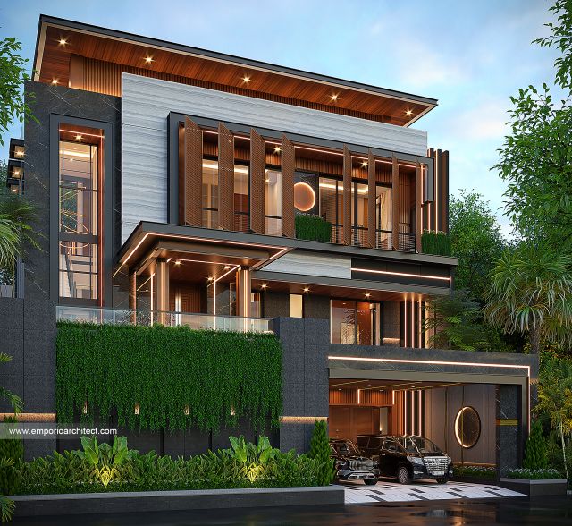 Desain Tampak Depan 3 Rumah Modern 3 Lantai Bapak WLL di Lippo Cikarang, Bekasi