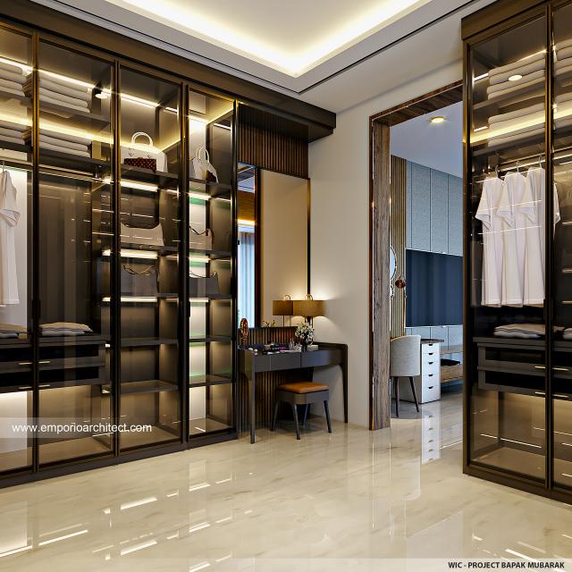 Desain Walk In Closet Rumah Modern 3 Lantai Bapak MBK di Cibubur, Jakarta Timur